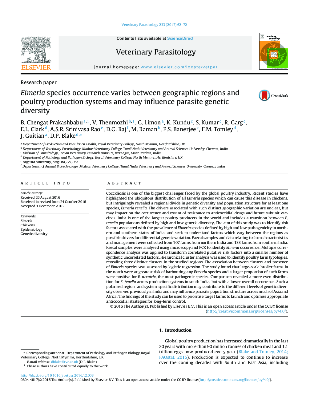 Eimeria species occurrence varies between geographic regions and poultry production systems and may influence parasite genetic diversity