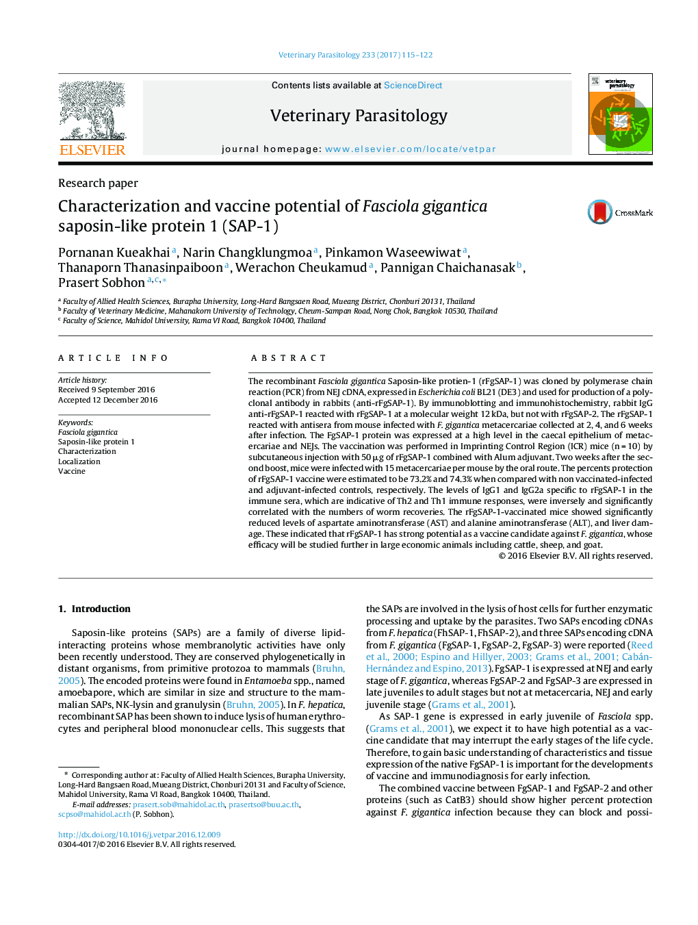 Characterization and vaccine potential of Fasciola gigantica saposin-like protein 1 (SAP-1)