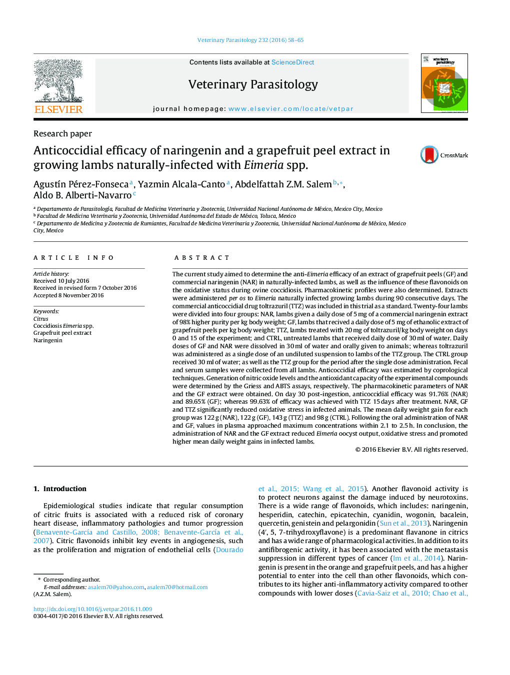 Anticoccidial efficacy of naringenin and a grapefruit peel extract in growing lambs naturally-infected with Eimeria spp.