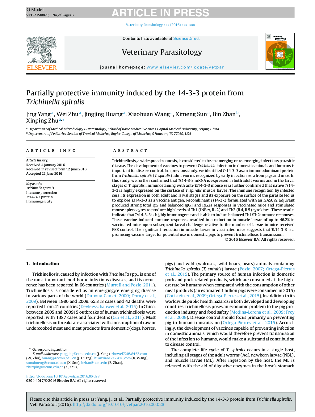 Partially protective immunity induced by the 14-3-3 protein from Trichinella spiralis