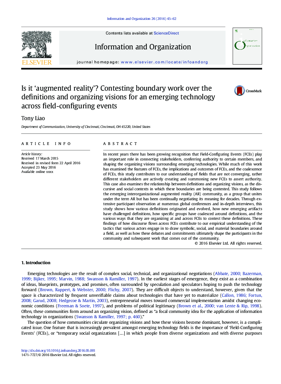 Is it ‘augmented reality’? Contesting boundary work over the definitions and organizing visions for an emerging technology across field-configuring events