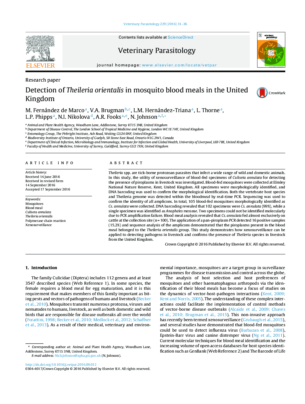 Detection of Theileria orientalis in mosquito blood meals in the United Kingdom