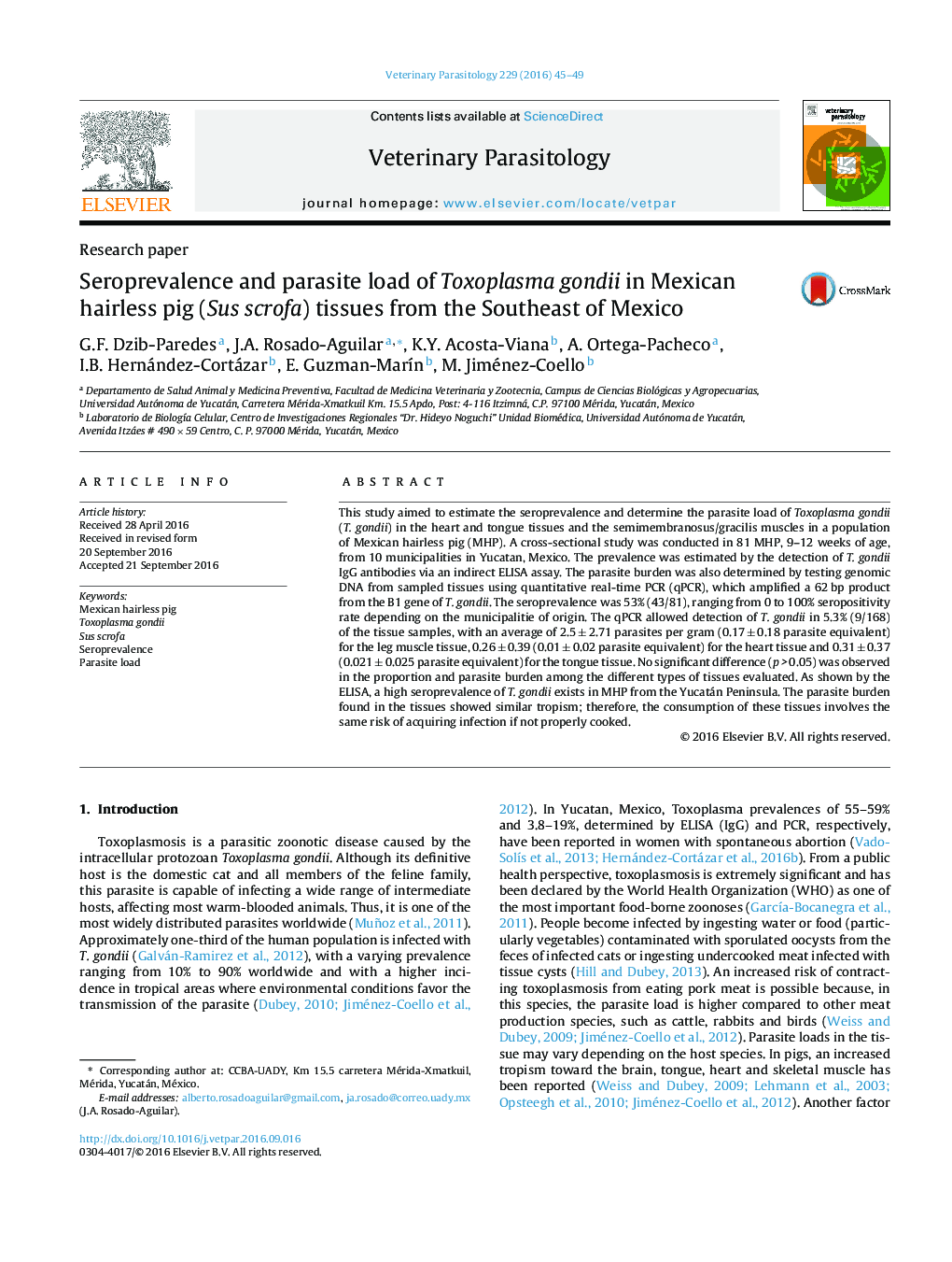 Seroprevalence and parasite load of Toxoplasma gondii in Mexican hairless pig (Sus scrofa) tissues from the Southeast of Mexico