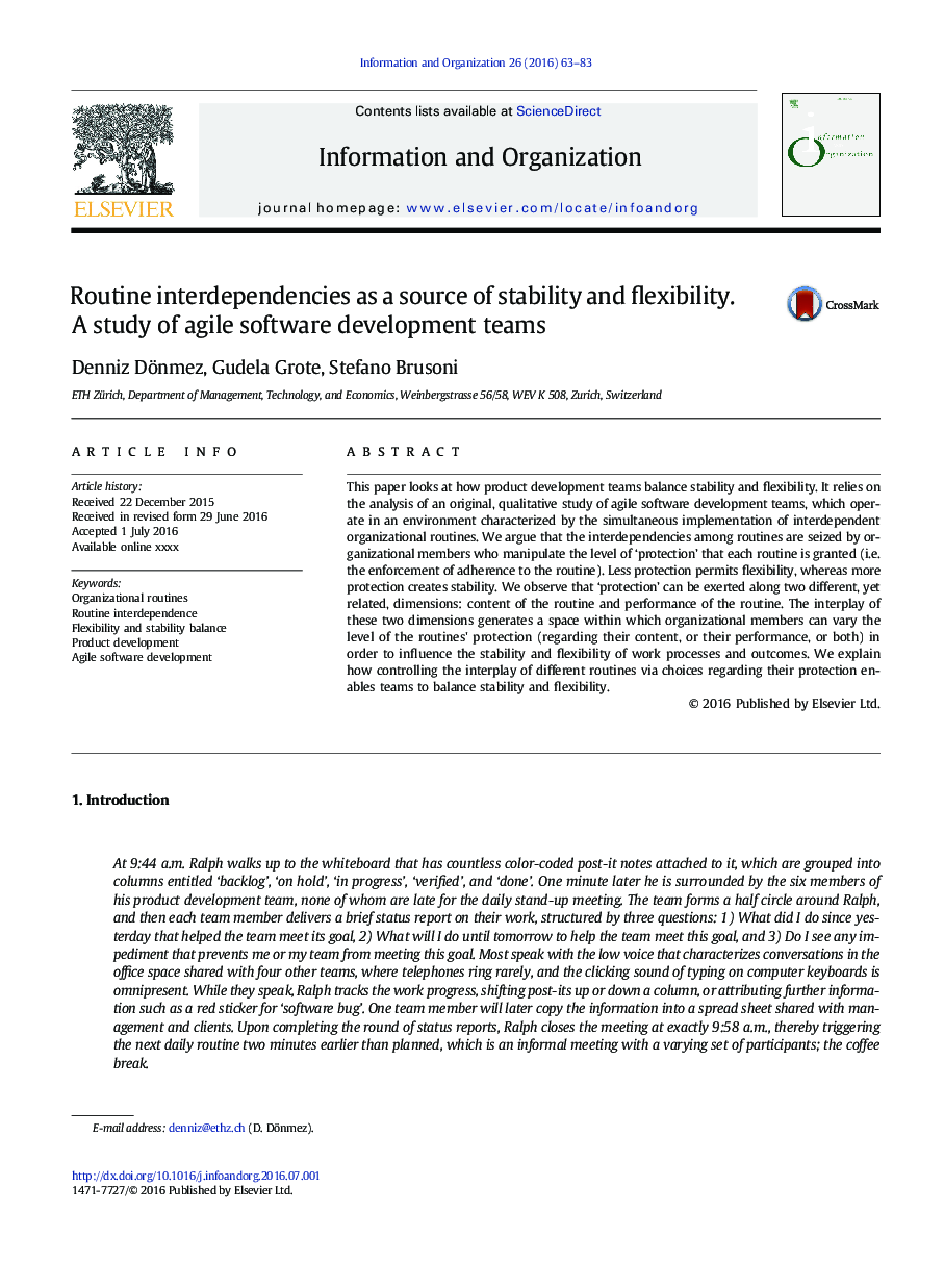 Routine interdependencies as a source of stability and flexibility. A study of agile software development teams