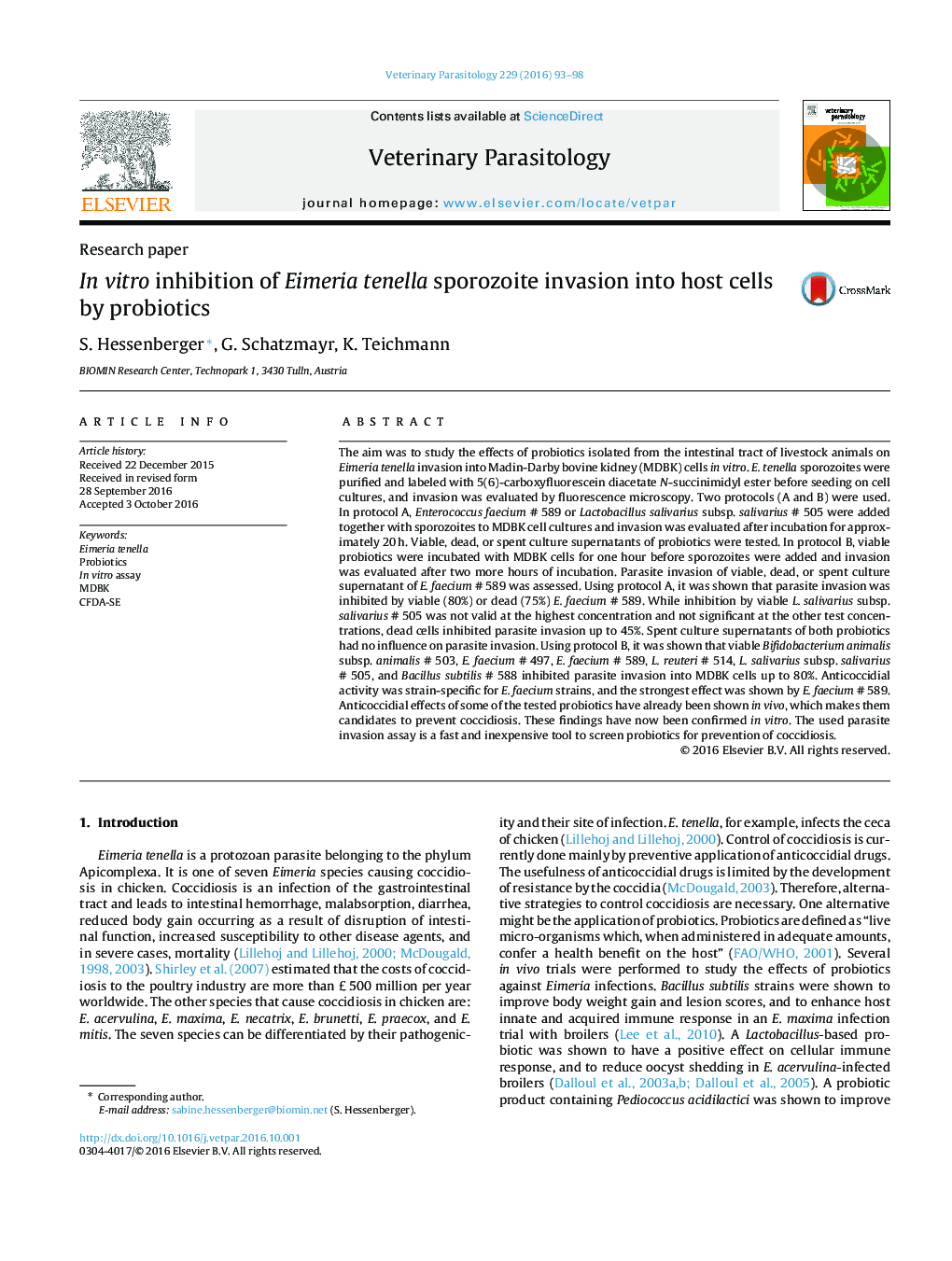 In vitro inhibition of Eimeria tenella sporozoite invasion into host cells by probiotics