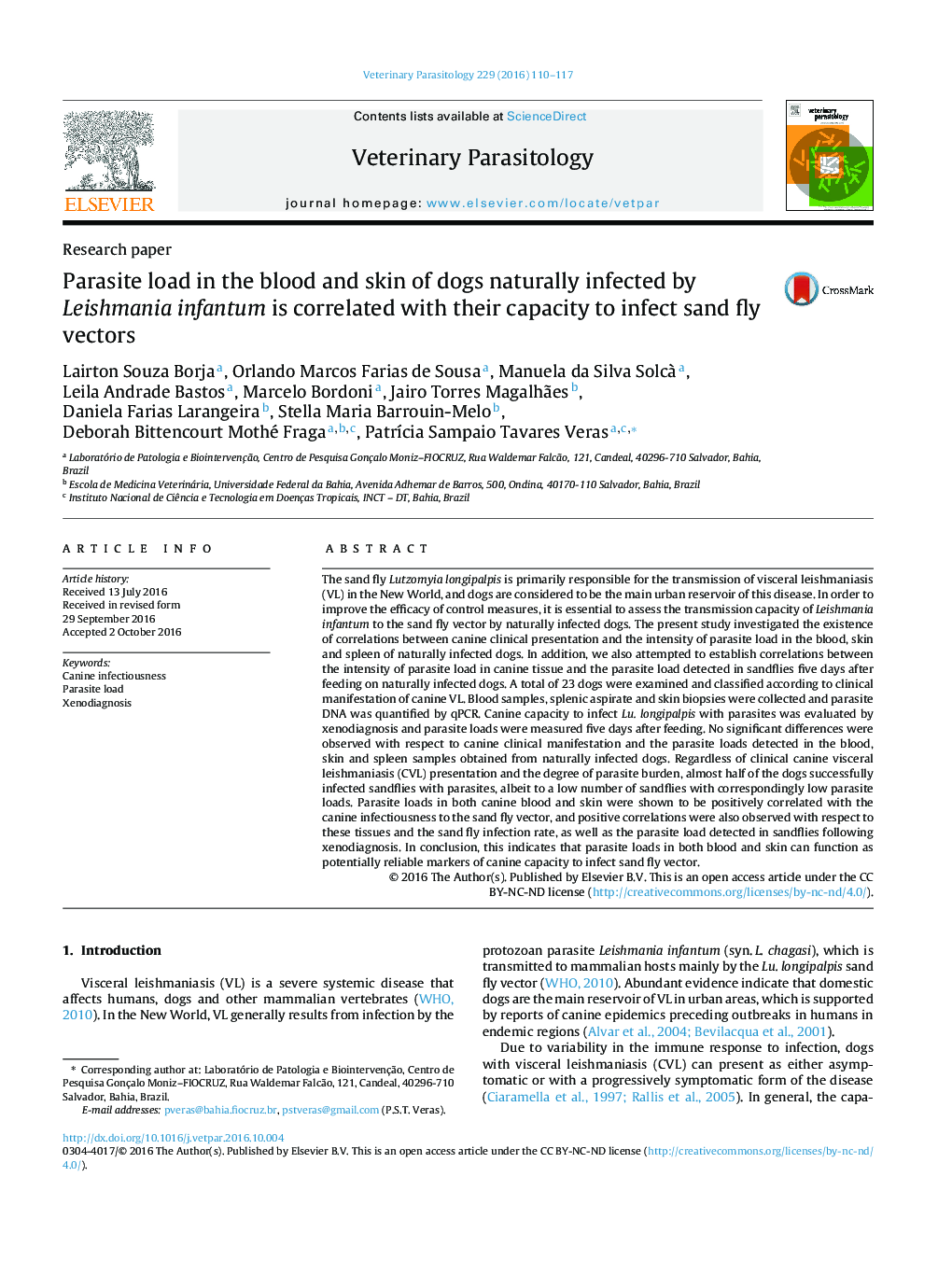 Parasite load in the blood and skin of dogs naturally infected by Leishmania infantum is correlated with their capacity to infect sand fly vectors