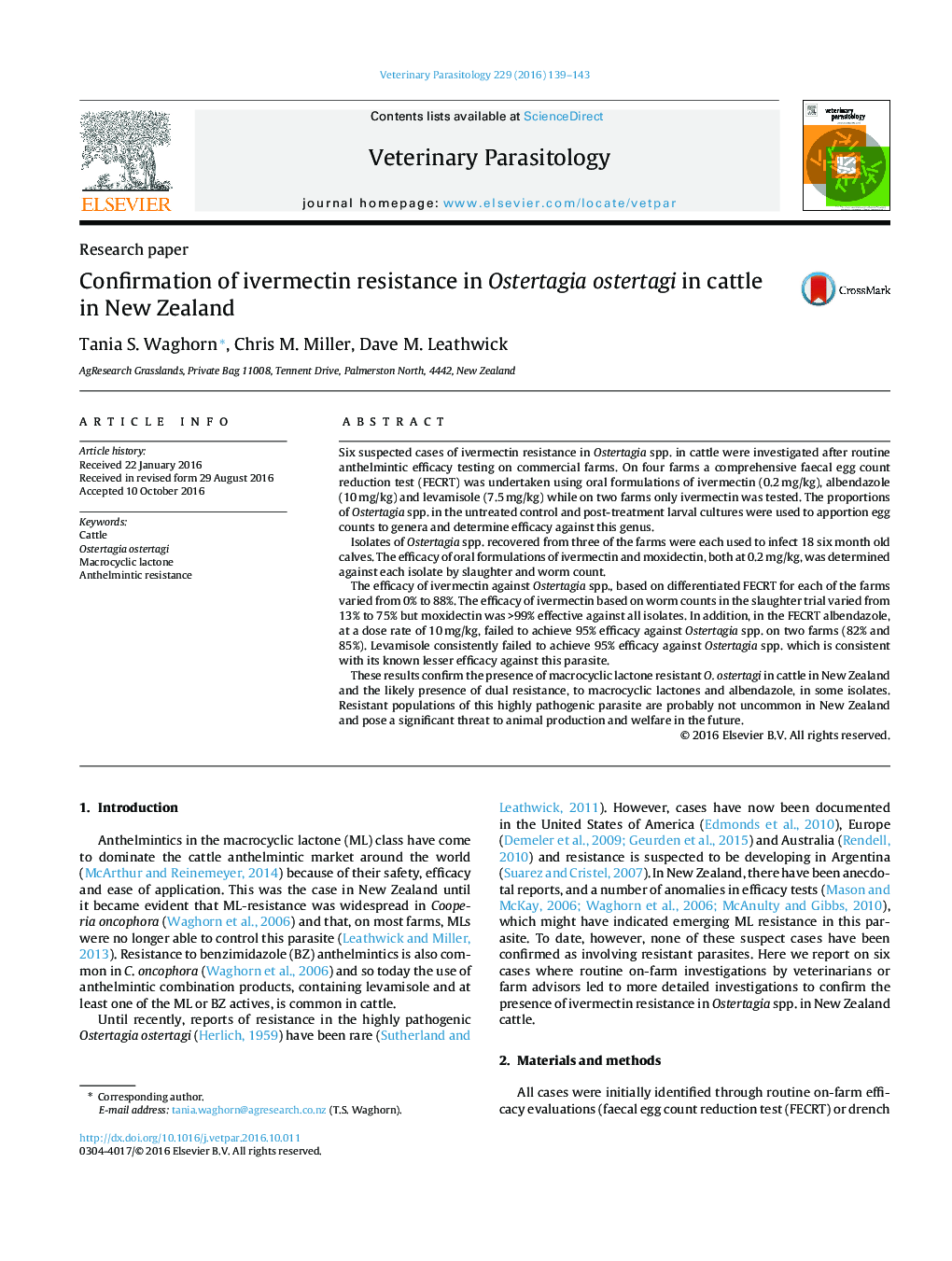 Confirmation of ivermectin resistance in Ostertagia ostertagi in cattle in New Zealand