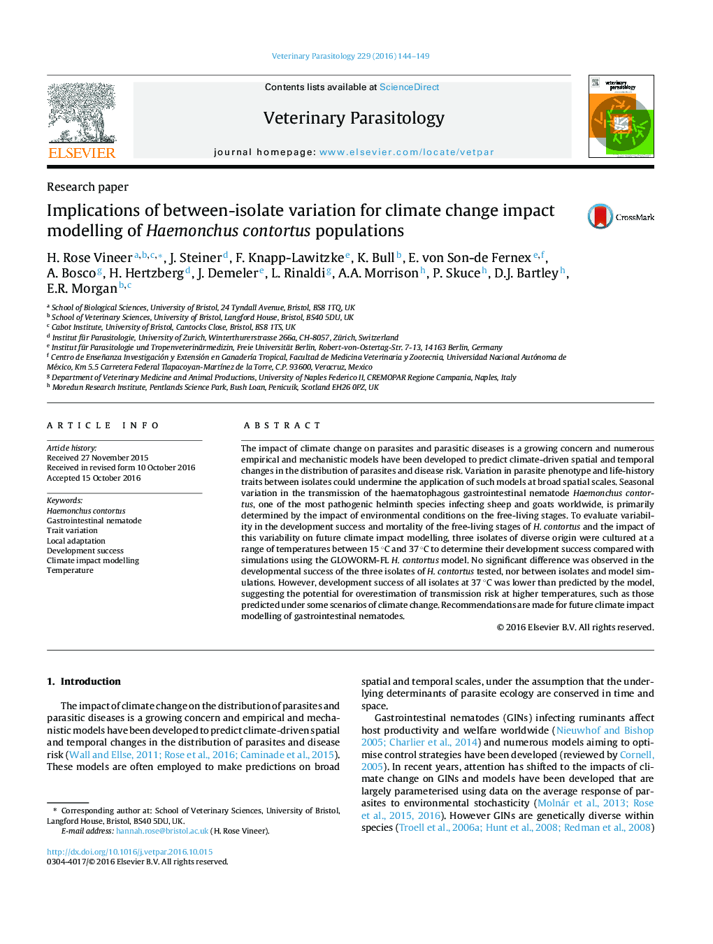 Implications of between-isolate variation for climate change impact modelling of Haemonchus contortus populations