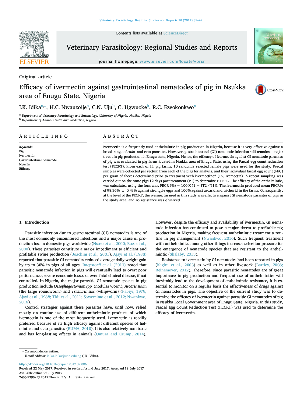 Efficacy of ivermectin against gastrointestinal nematodes of pig in Nsukka area of Enugu State, Nigeria