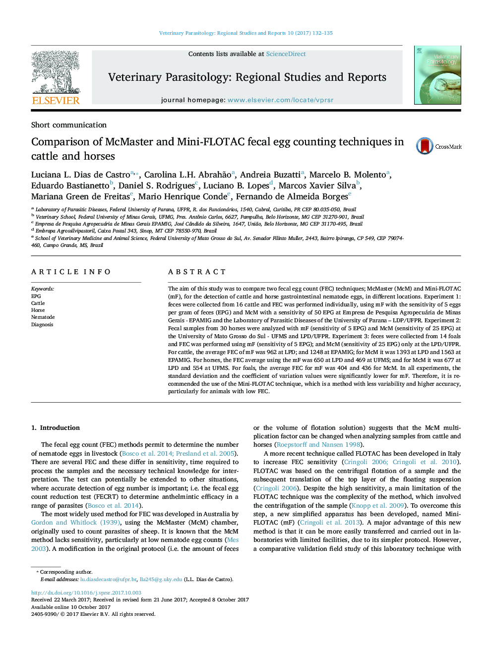 Comparison of McMaster and Mini-FLOTAC fecal egg counting techniques in cattle and horses