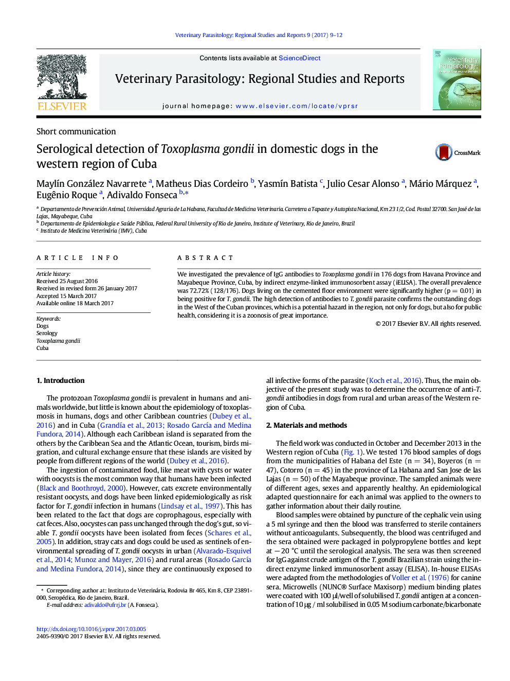تشخیص سلوک توکسوپلاسما گوندی در سگ های خانگی در منطقه غربی کوبا 