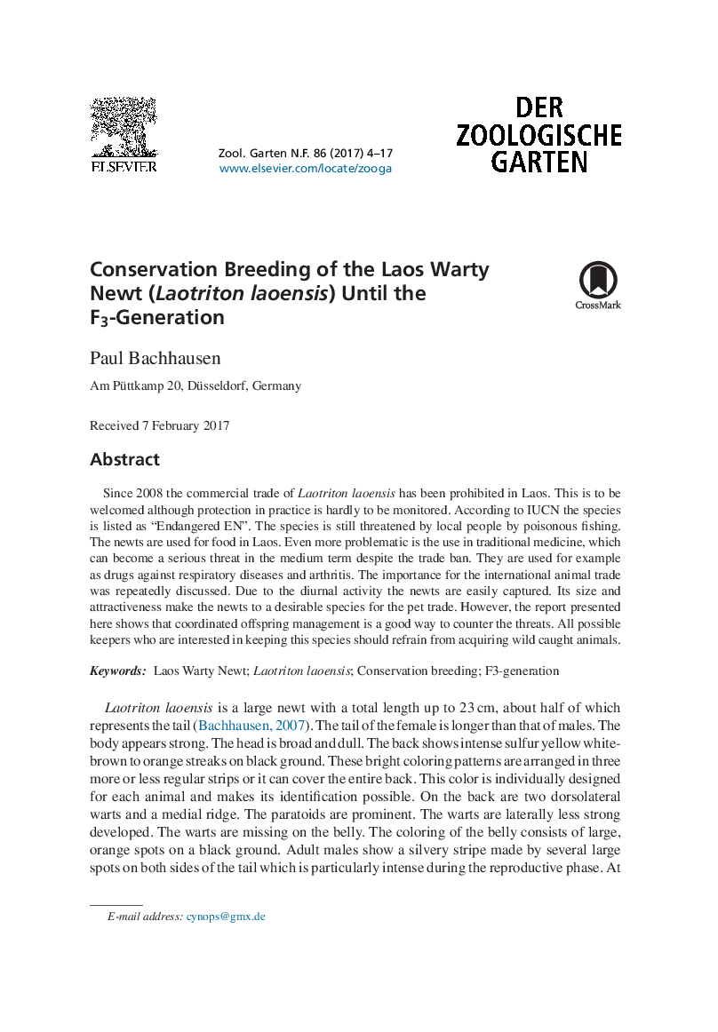 Conservation Breeding of the Laos Warty Newt (Laotriton laoensis) Until the F3-Generation
