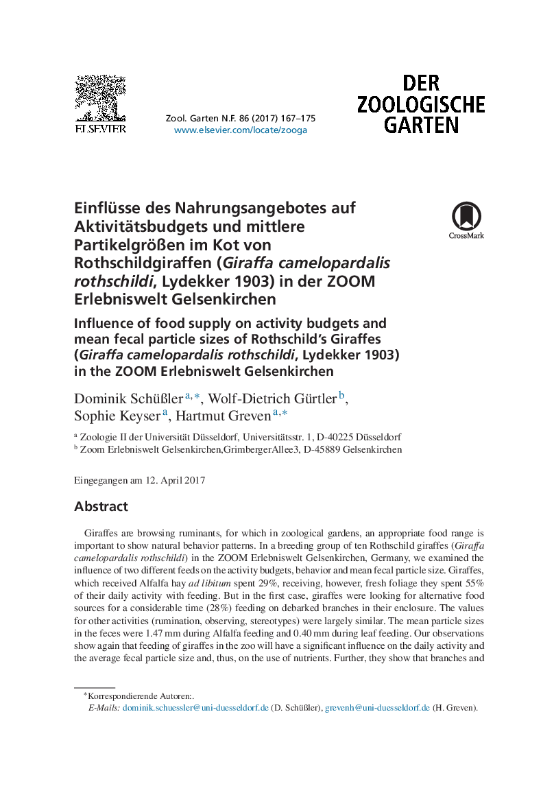 Einflüsse des Nahrungsangebotes auf Aktivitätsbudgets und mittlere PartikelgröÃen im Kot von Rothschildgiraffen (Giraffa camelopardalis rothschildi, Lydekker 1903) in der ZOOM Erlebniswelt Gelsenkirchen