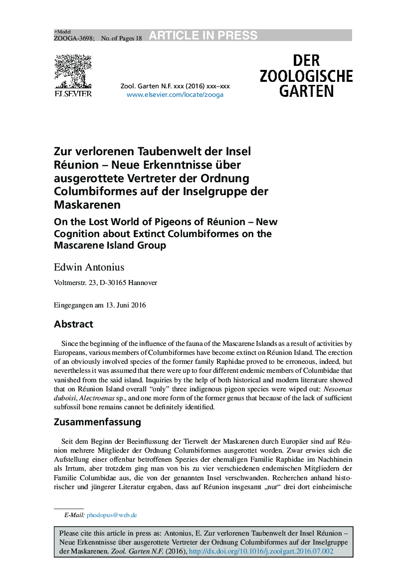 Zur verlorenen Taubenwelt der Insel Réunion - Neue Erkenntnisse über ausgerottete Vertreter der Ordnung Columbiformes auf der Inselgruppe der Maskarenen