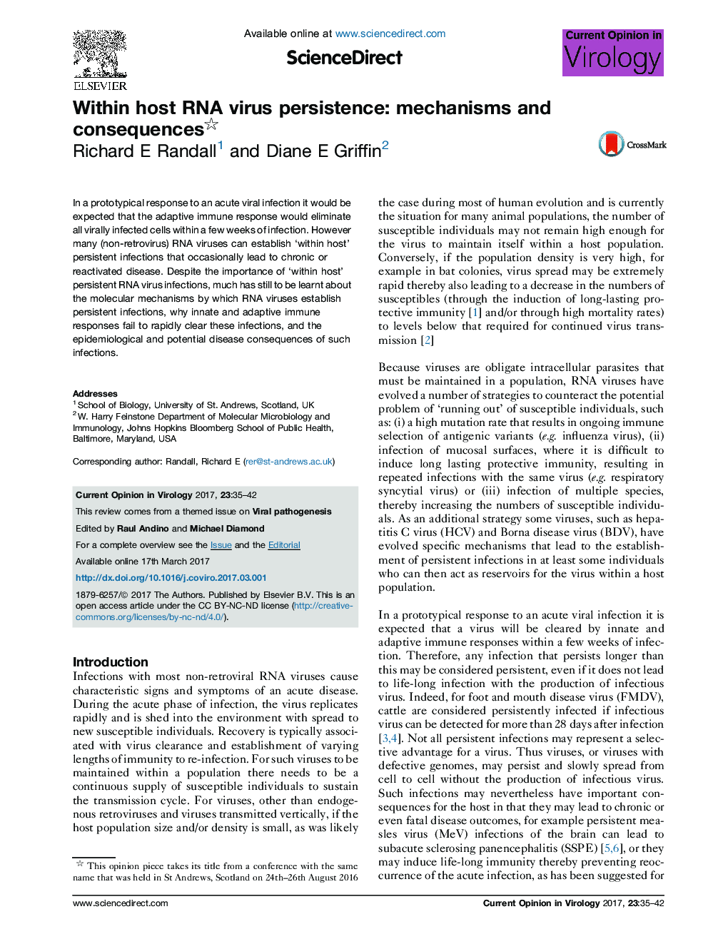 Within host RNA virus persistence: mechanisms and consequences