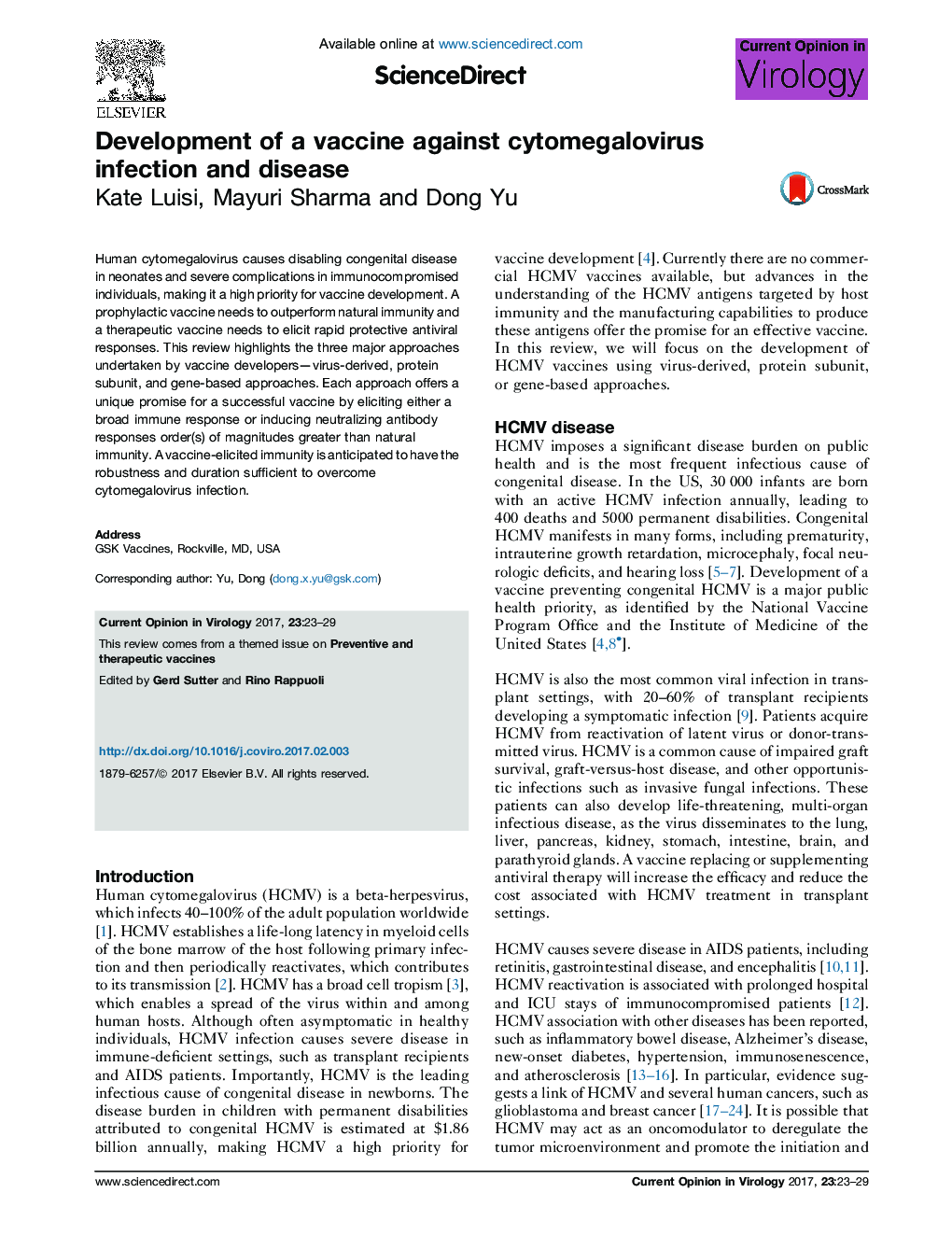 Development of a vaccine against cytomegalovirus infection and disease