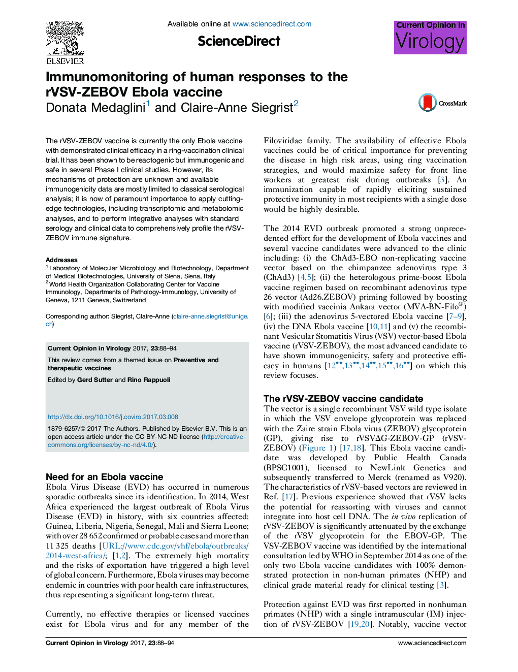 Immunomonitoring of human responses to the rVSV-ZEBOV Ebola vaccine