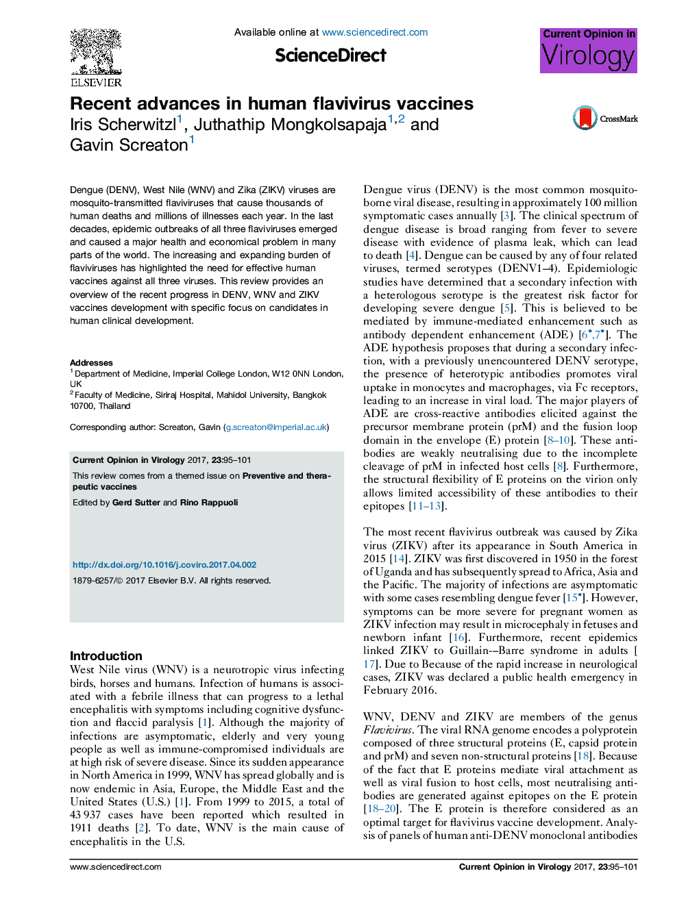 Recent advances in human flavivirus vaccines