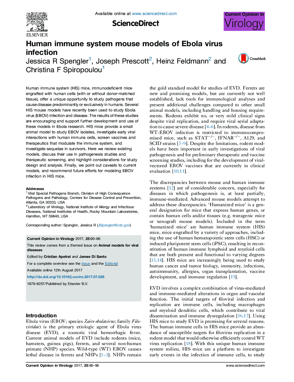 Human immune system mouse models of Ebola virus infection