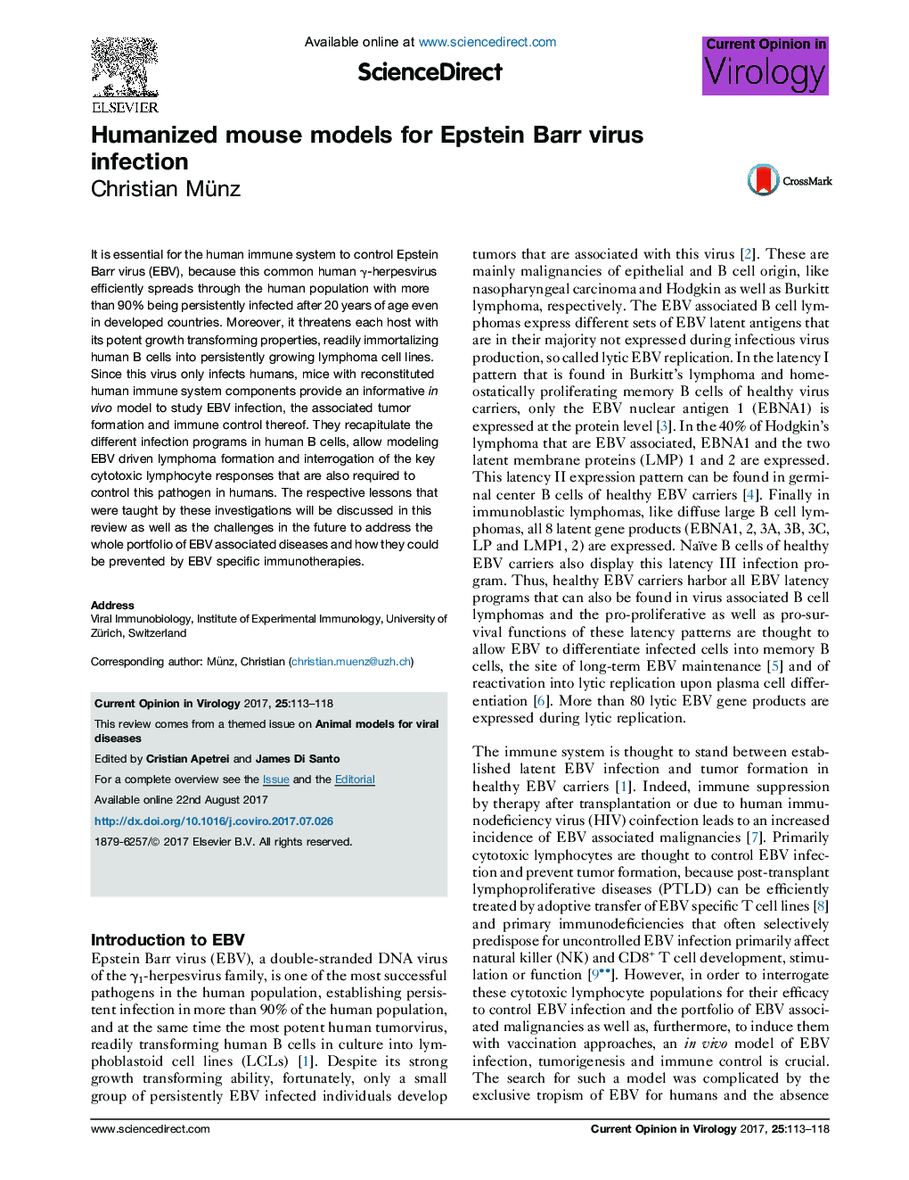 Humanized mouse models for Epstein Barr virus infection