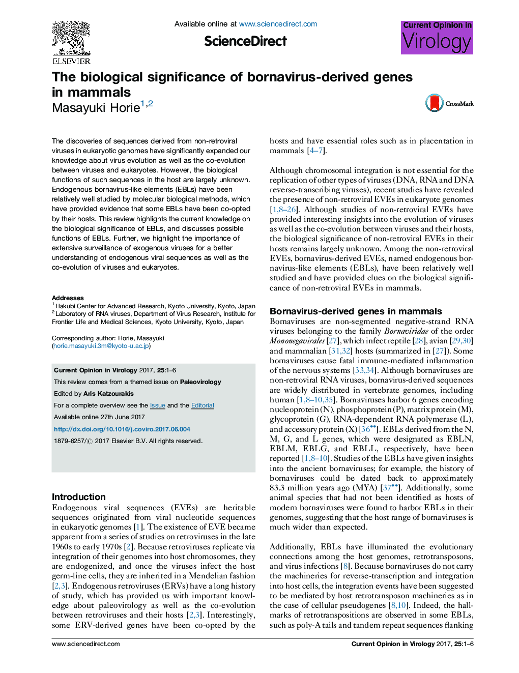 The biological significance of bornavirus-derived genes in mammals