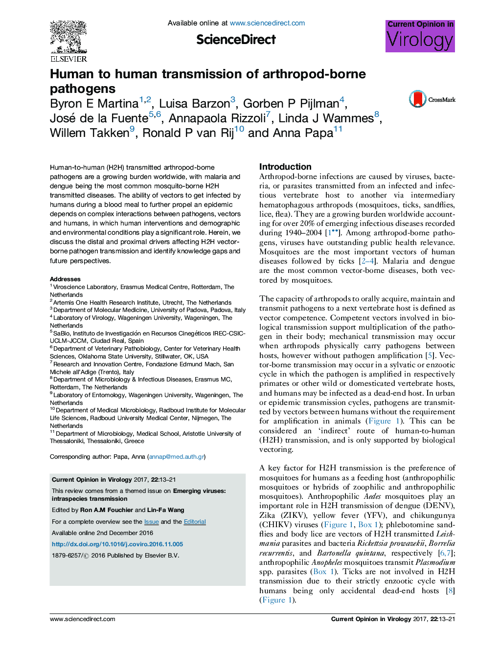 Human to human transmission of arthropod-borne pathogens