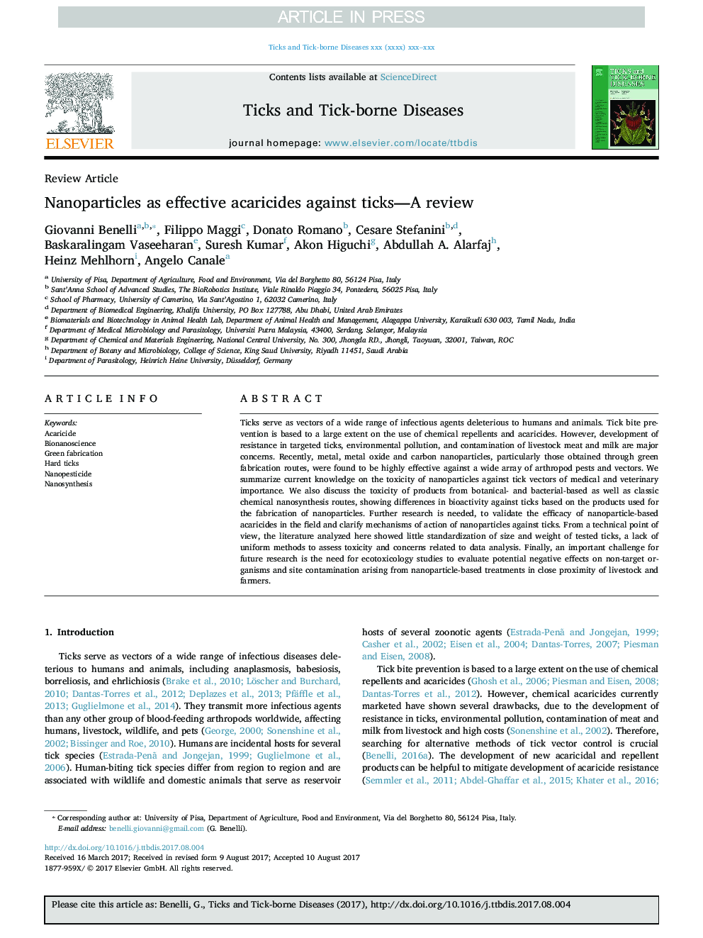 Nanoparticles as effective acaricides against ticks-A review