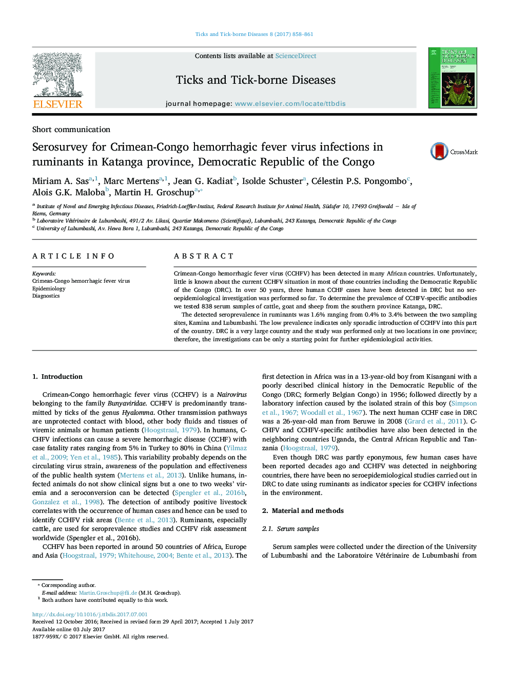 Serosurvey for Crimean-Congo hemorrhagic fever virus infections in ruminants in Katanga province, Democratic Republic of the Congo