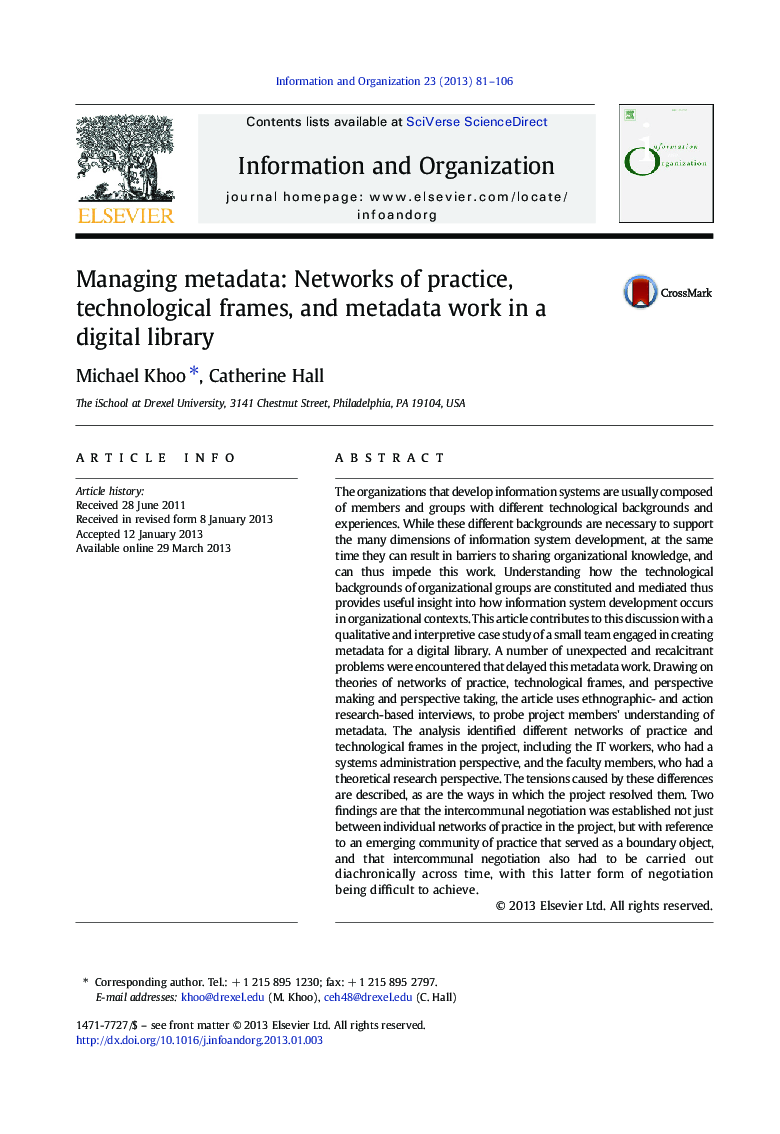 Managing metadata: Networks of practice, technological frames, and metadata work in a digital library