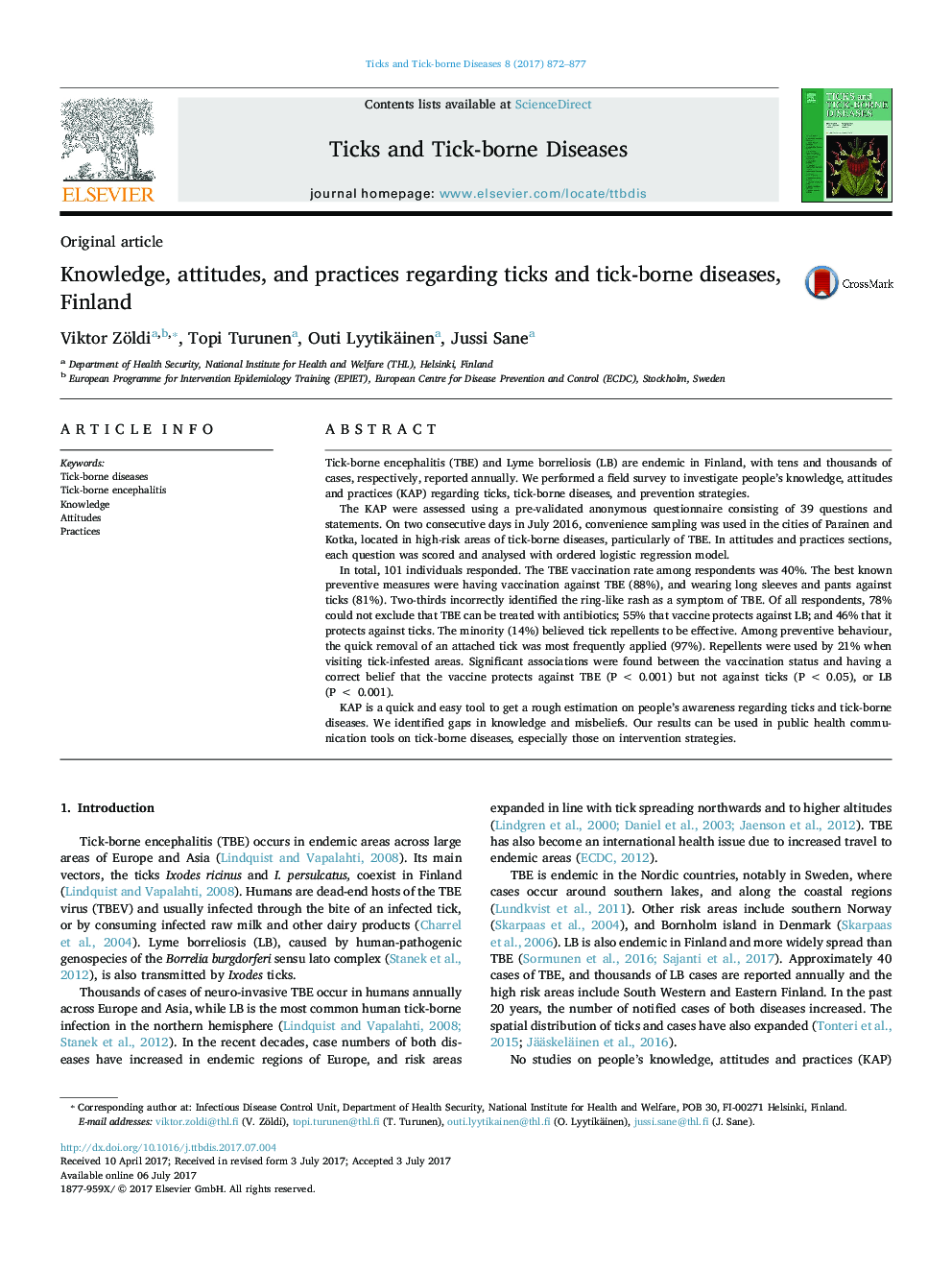 Knowledge, attitudes, and practices regarding ticks and tick-borne diseases, Finland