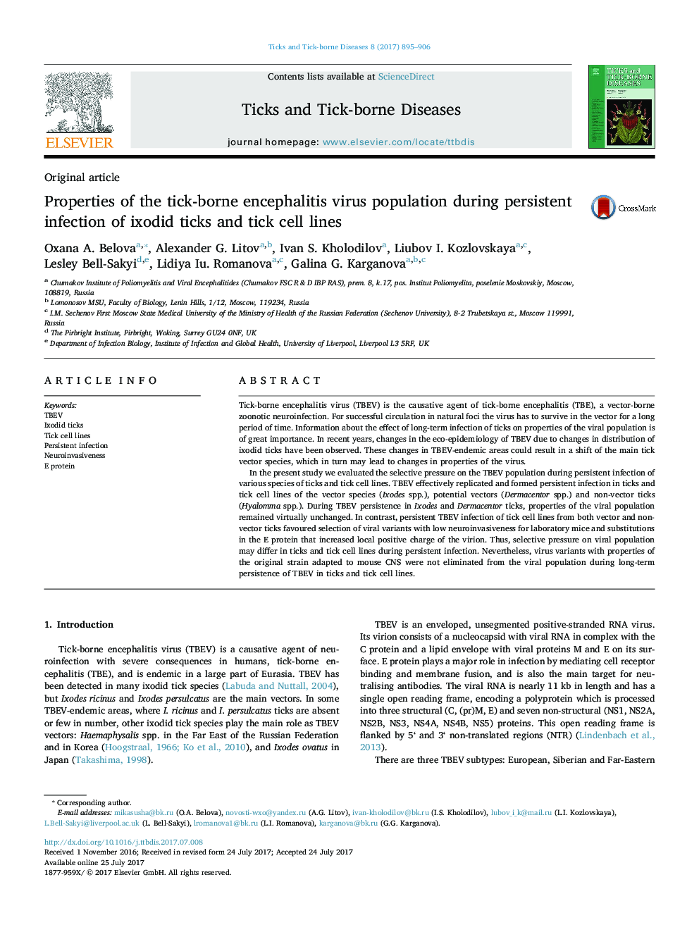 Properties of the tick-borne encephalitis virus population during persistent infection of ixodid ticks and tick cell lines