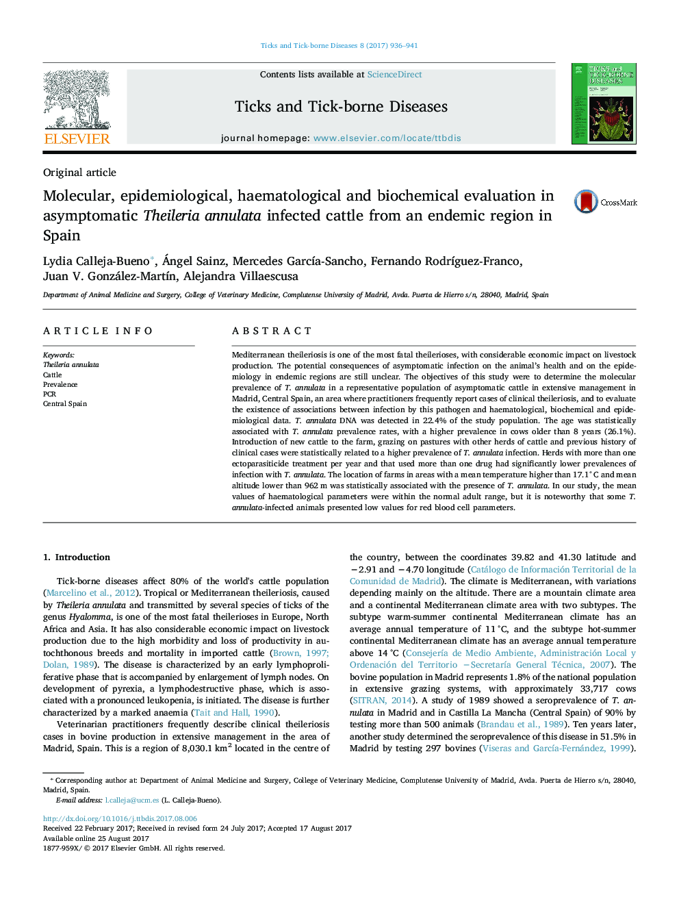 Molecular, epidemiological, haematological and biochemical evaluation in asymptomatic Theileria annulata infected cattle from an endemic region in Spain