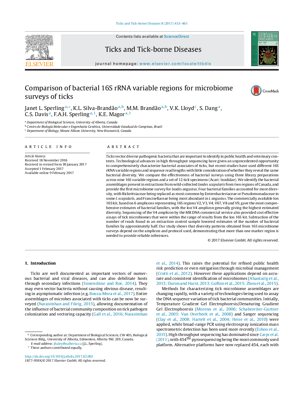 Comparison of bacterial 16S rRNA variable regions for microbiome surveys of ticks