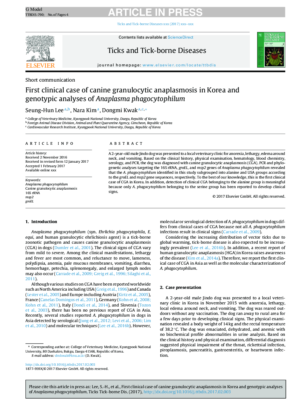 First clinical case of canine granulocytic anaplasmosis in Korea and genotypic analyses of Anaplasma phagocytophilum