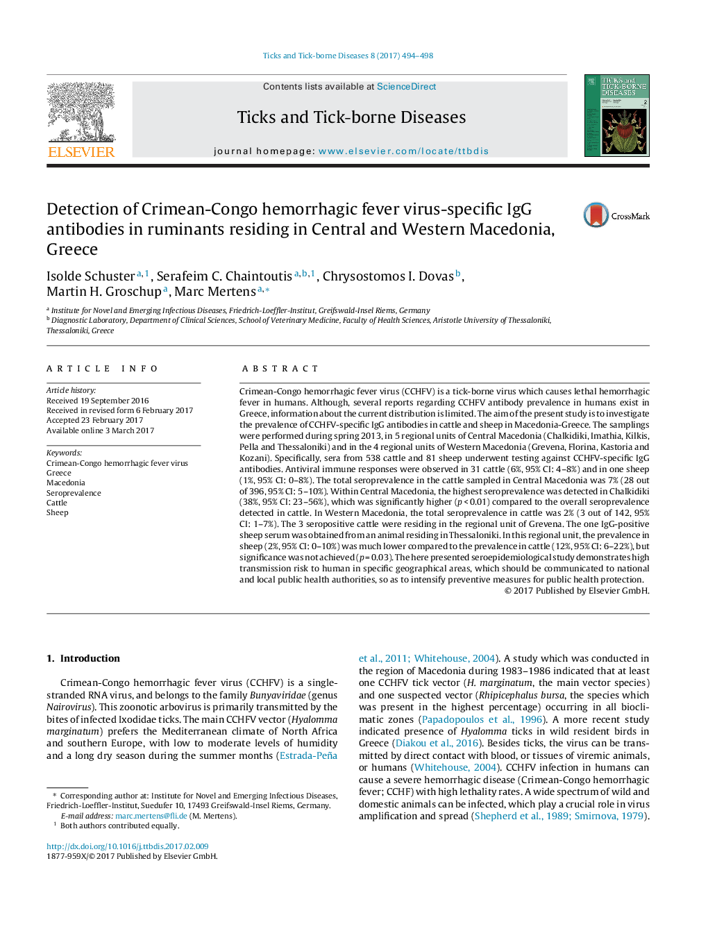 Detection of Crimean-Congo hemorrhagic fever virus-specific IgG antibodies in ruminants residing in Central and Western Macedonia, Greece