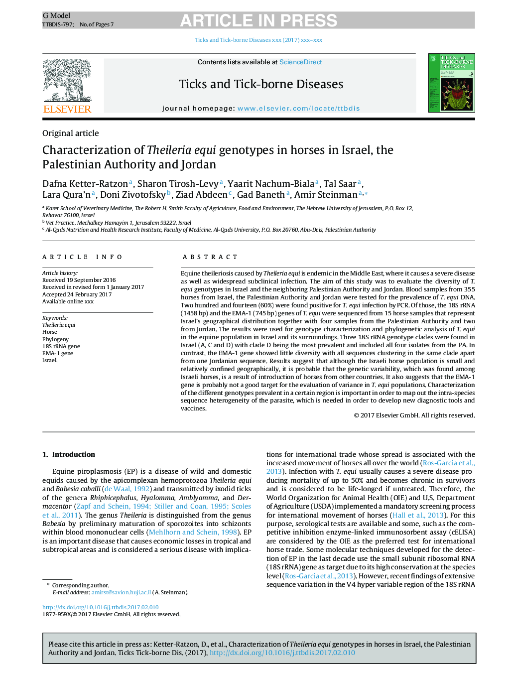 Characterization of Theileria equi genotypes in horses in Israel, the Palestinian Authority and Jordan