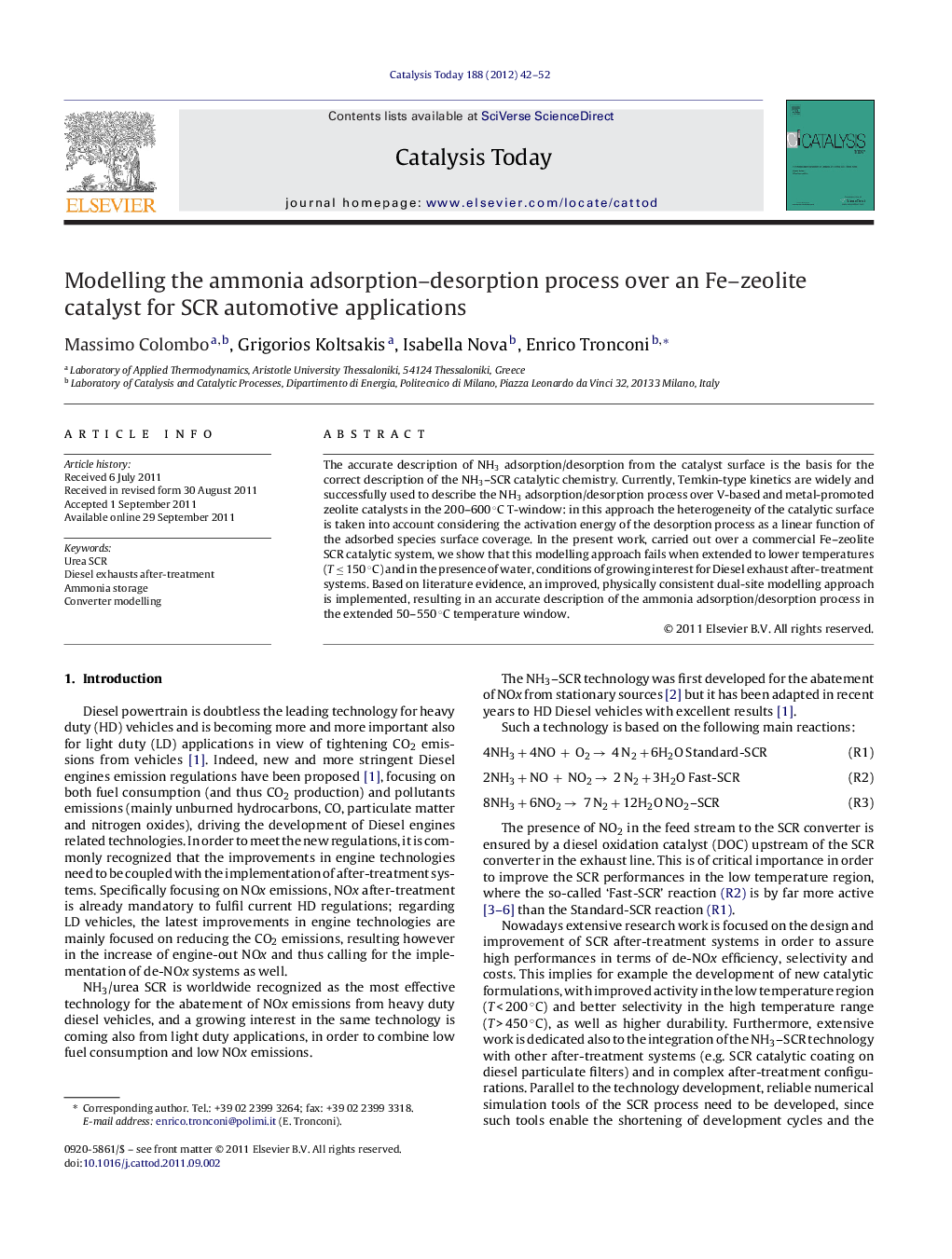 Modelling the ammonia adsorption–desorption process over an Fe–zeolite catalyst for SCR automotive applications