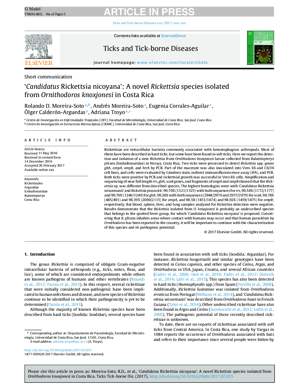 'Candidatus Rickettsia nicoyana': A novel Rickettsia species isolated from Ornithodoros knoxjonesi in Costa Rica