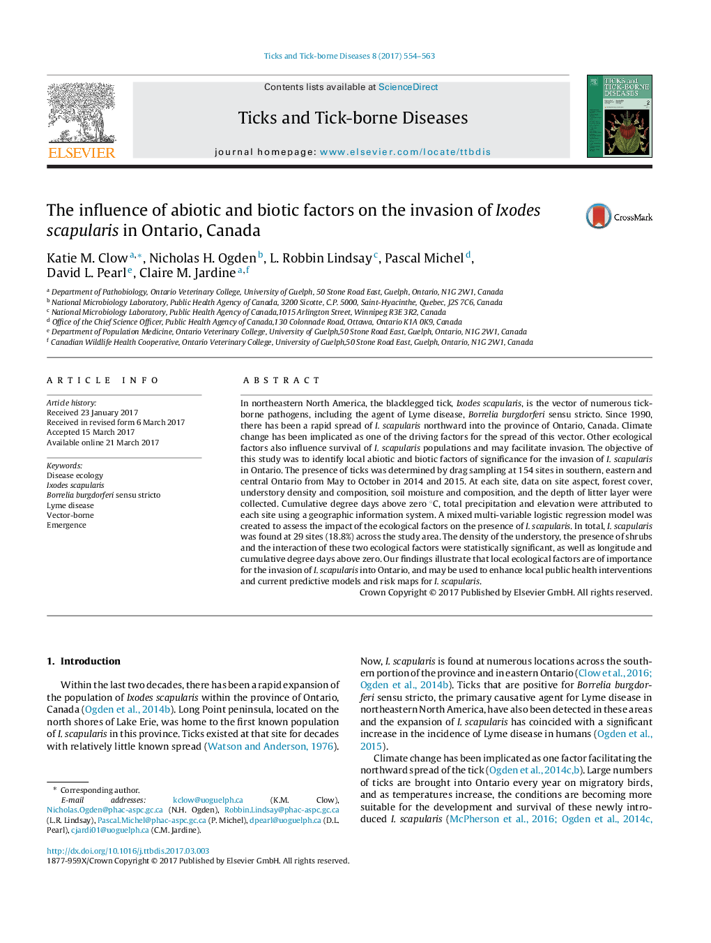 The influence of abiotic and biotic factors on the invasion of Ixodes scapularis in Ontario, Canada