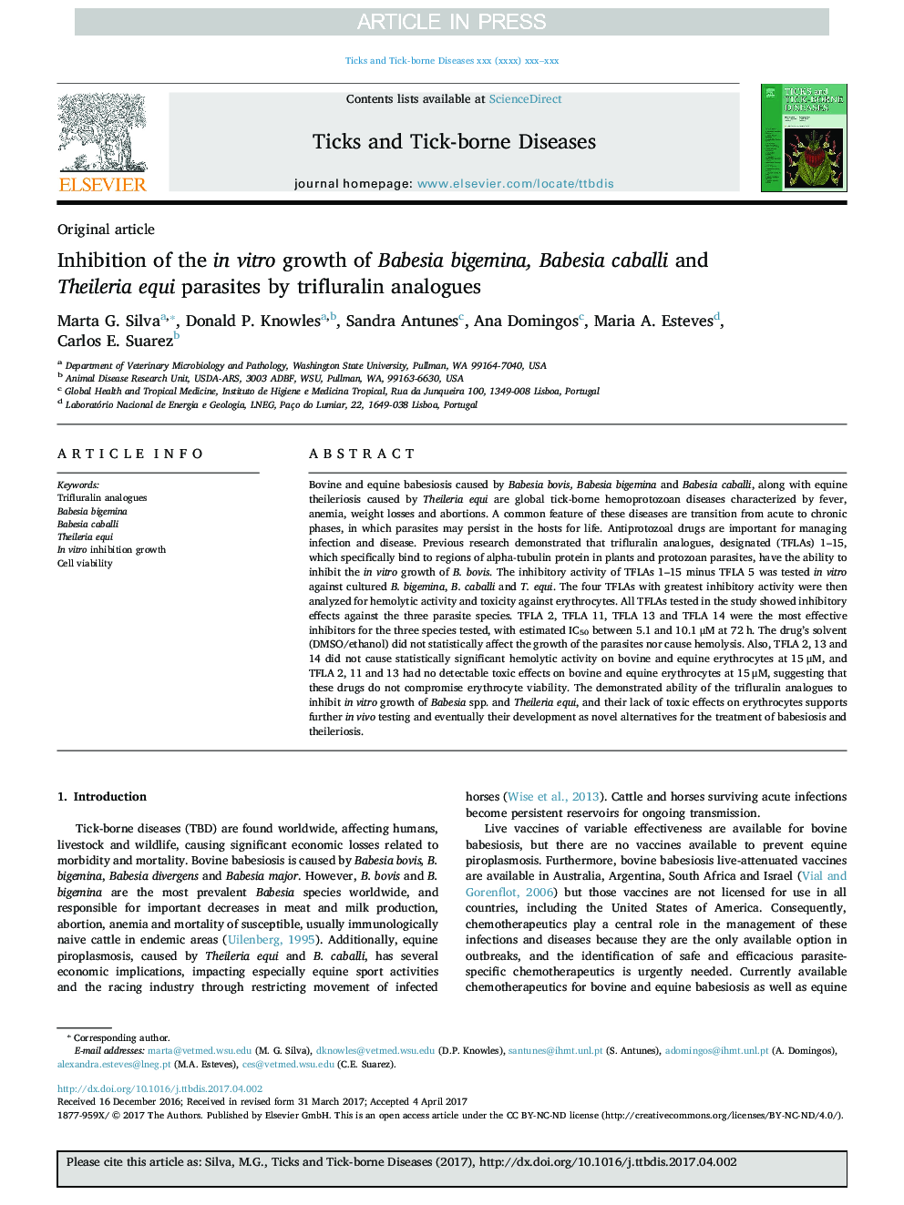 Inhibition of the in vitro growth of Babesia bigemina, Babesia caballi and Theileria equi parasites by trifluralin analogues