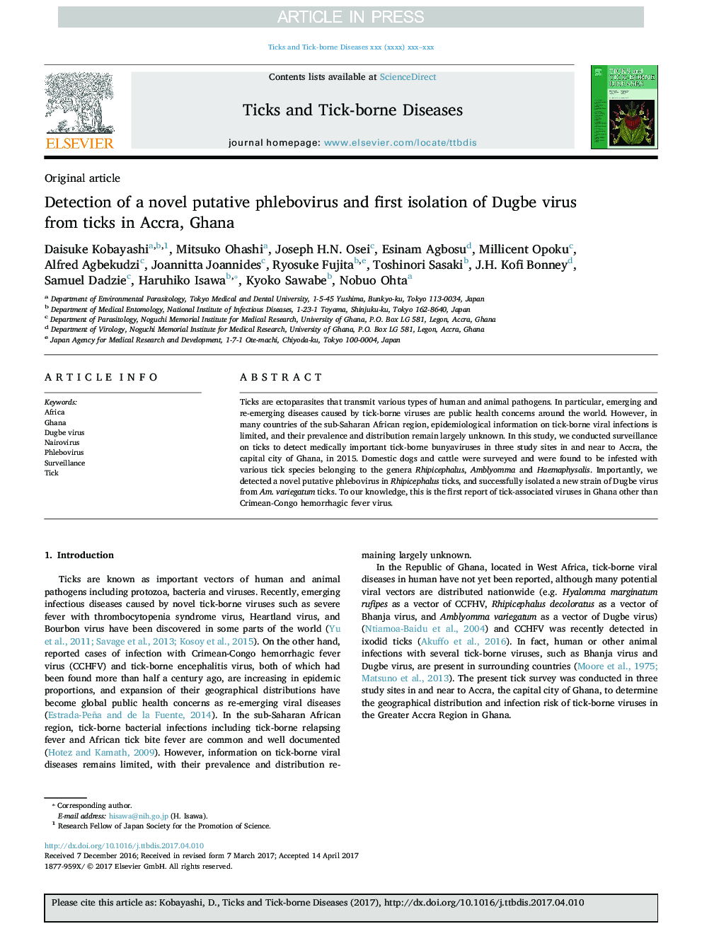 Detection of a novel putative phlebovirus and first isolation of Dugbe virus from ticks in Accra, Ghana