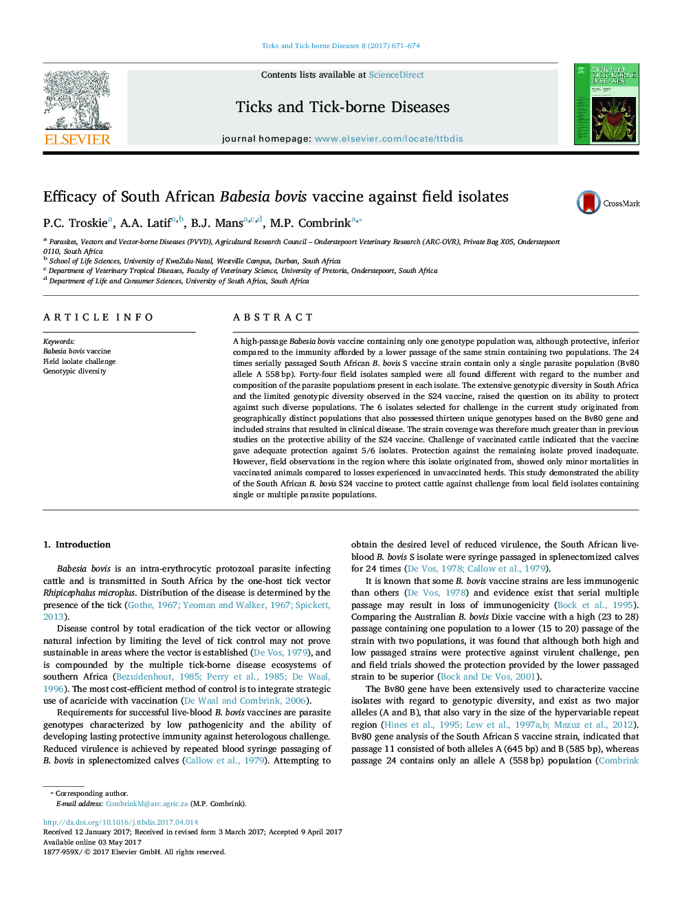 Efficacy of South African Babesia bovis vaccine against field isolates