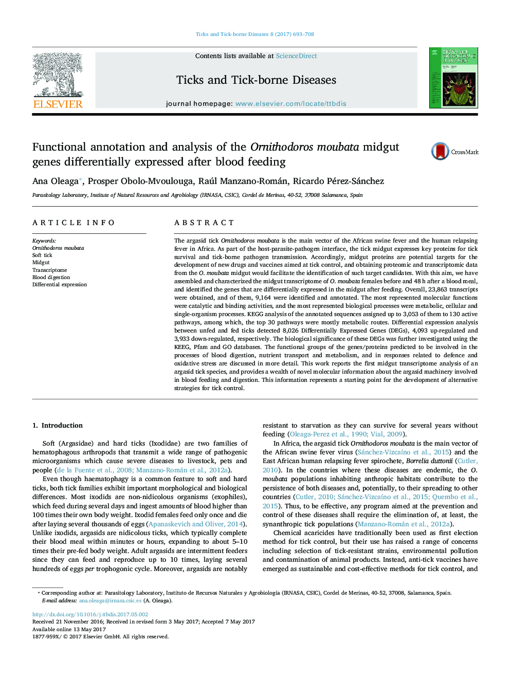 Functional annotation and analysis of the Ornithodoros moubata midgut genes differentially expressed after blood feeding