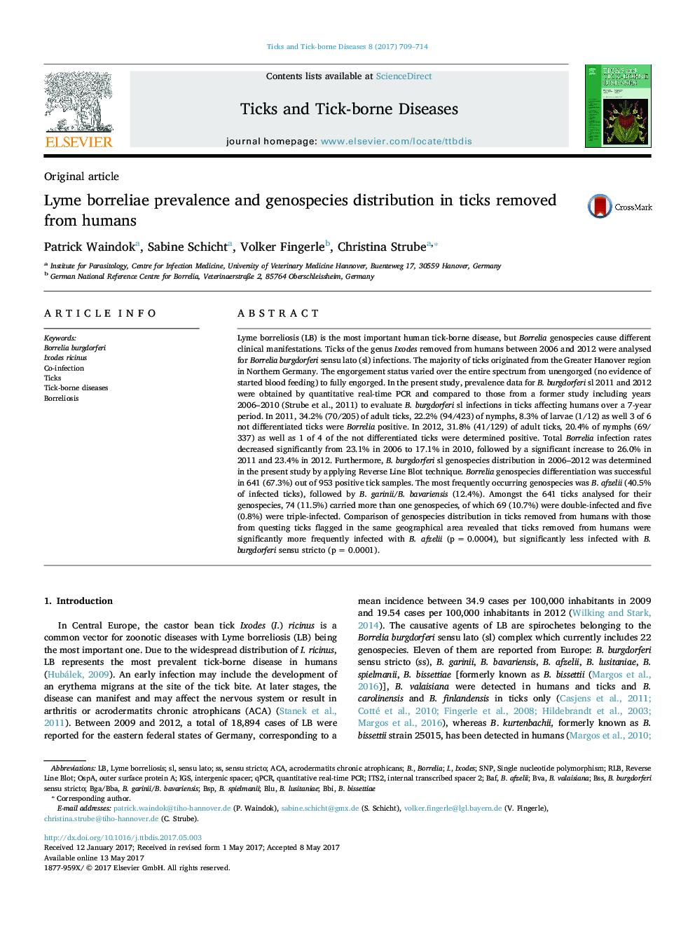 Lyme borreliae prevalence and genospecies distribution in ticks removed from humans