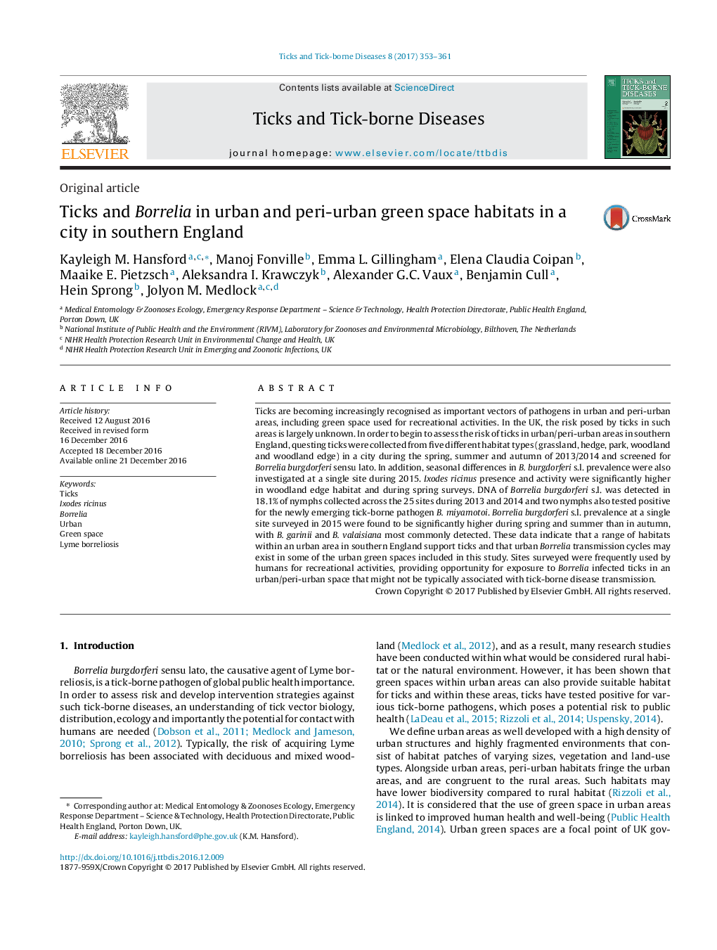 Original articleTicks and Borrelia in urban and peri-urban green space habitats in a city in southern England