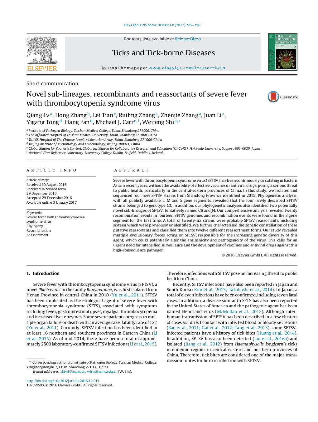 Novel sub-lineages, recombinants and reassortants of severe fever with thrombocytopenia syndrome virus