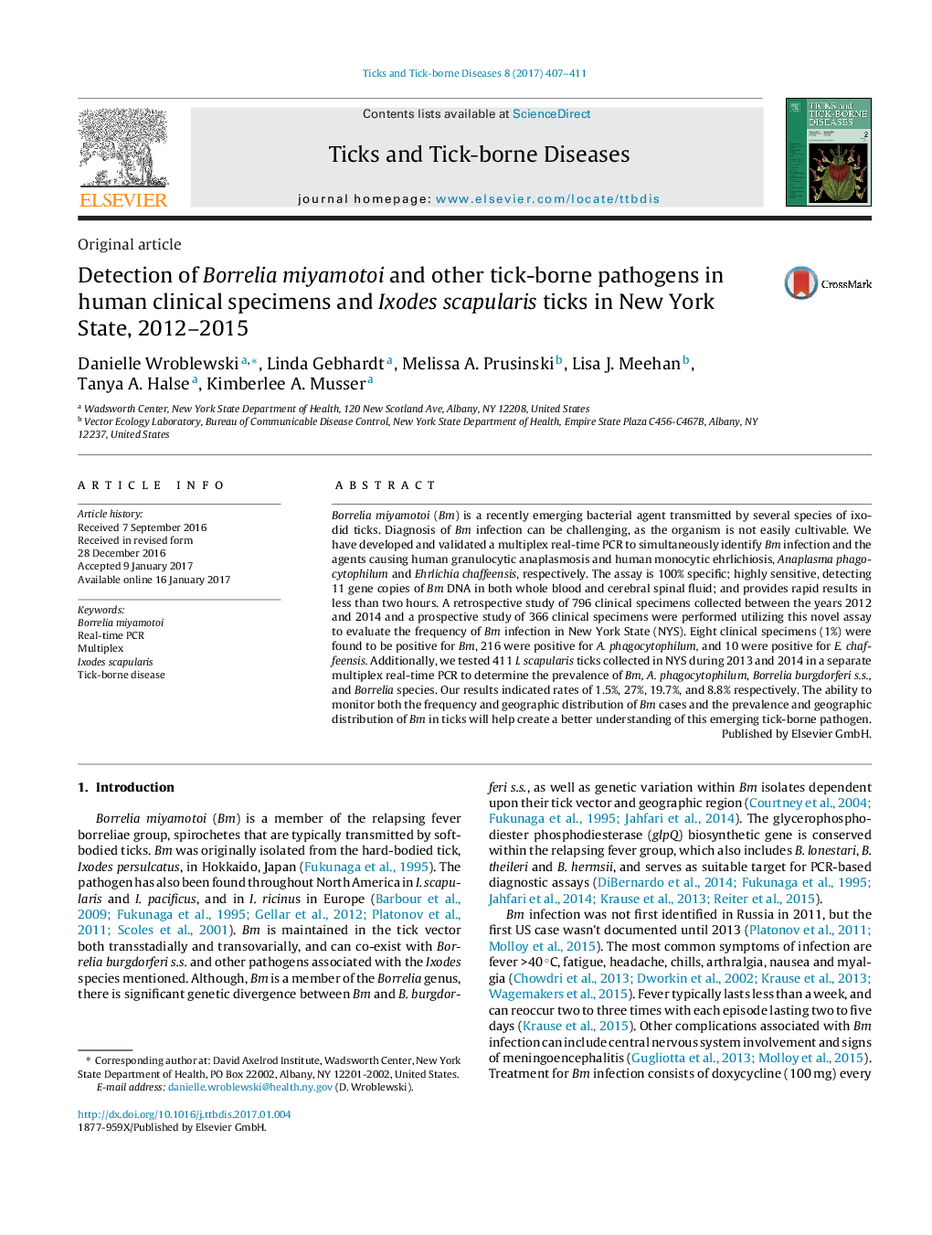 Detection of Borrelia miyamotoi and other tick-borne pathogens in human clinical specimens and Ixodes scapularis ticks in New York State, 2012-2015