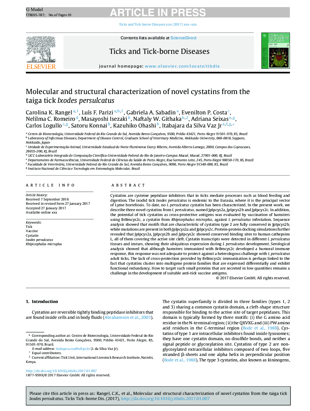 Molecular and structural characterization of novel cystatins from the taiga tick Ixodes persulcatus