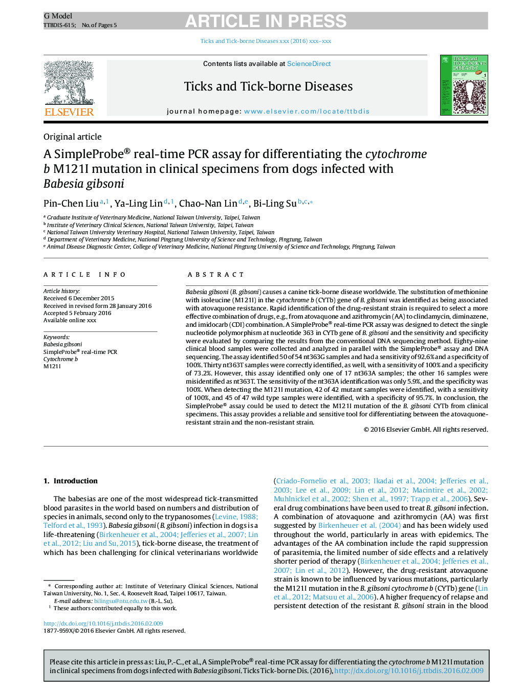 A SimpleProbe® real-time PCR assay for differentiating the cytochrome b M121I mutation in clinical specimens from dogs infected with Babesia gibsoni