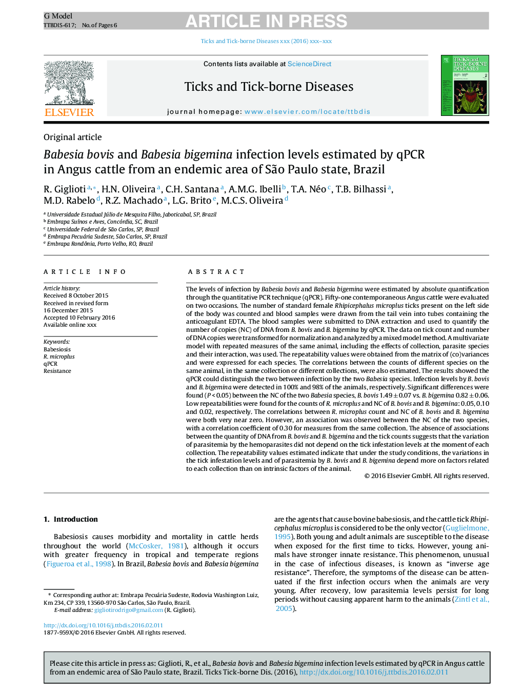 Babesia bovis and Babesia bigemina infection levels estimated by qPCR in Angus cattle from an endemic area of SÃ£o Paulo state, Brazil